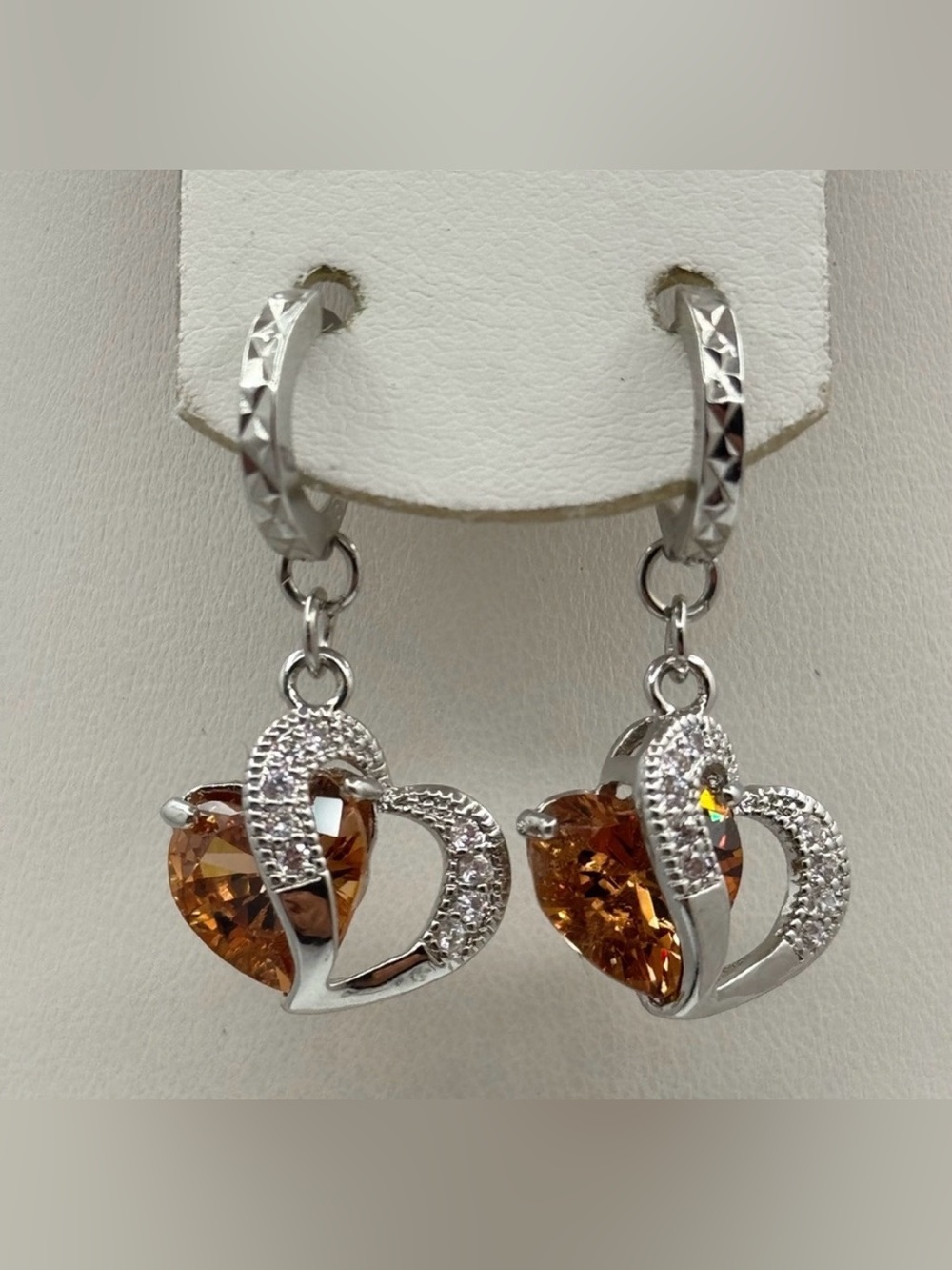New Silver Plated Heart Dangle Earrings w/ Amber Crystal & CZ Accents